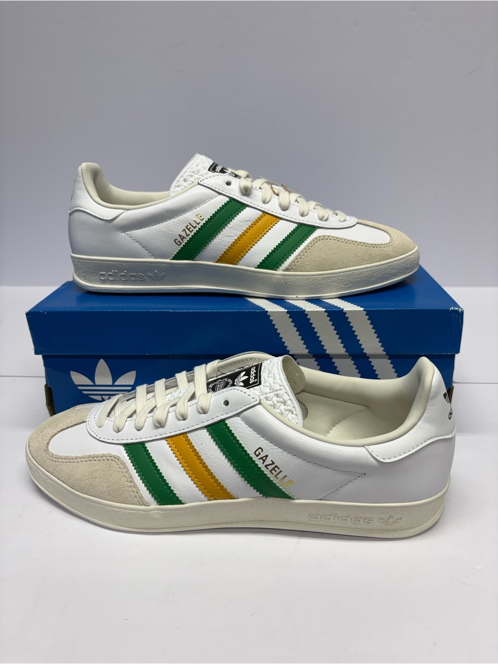 adidas Gazelle White with Green and Gold Stripe Sneakers